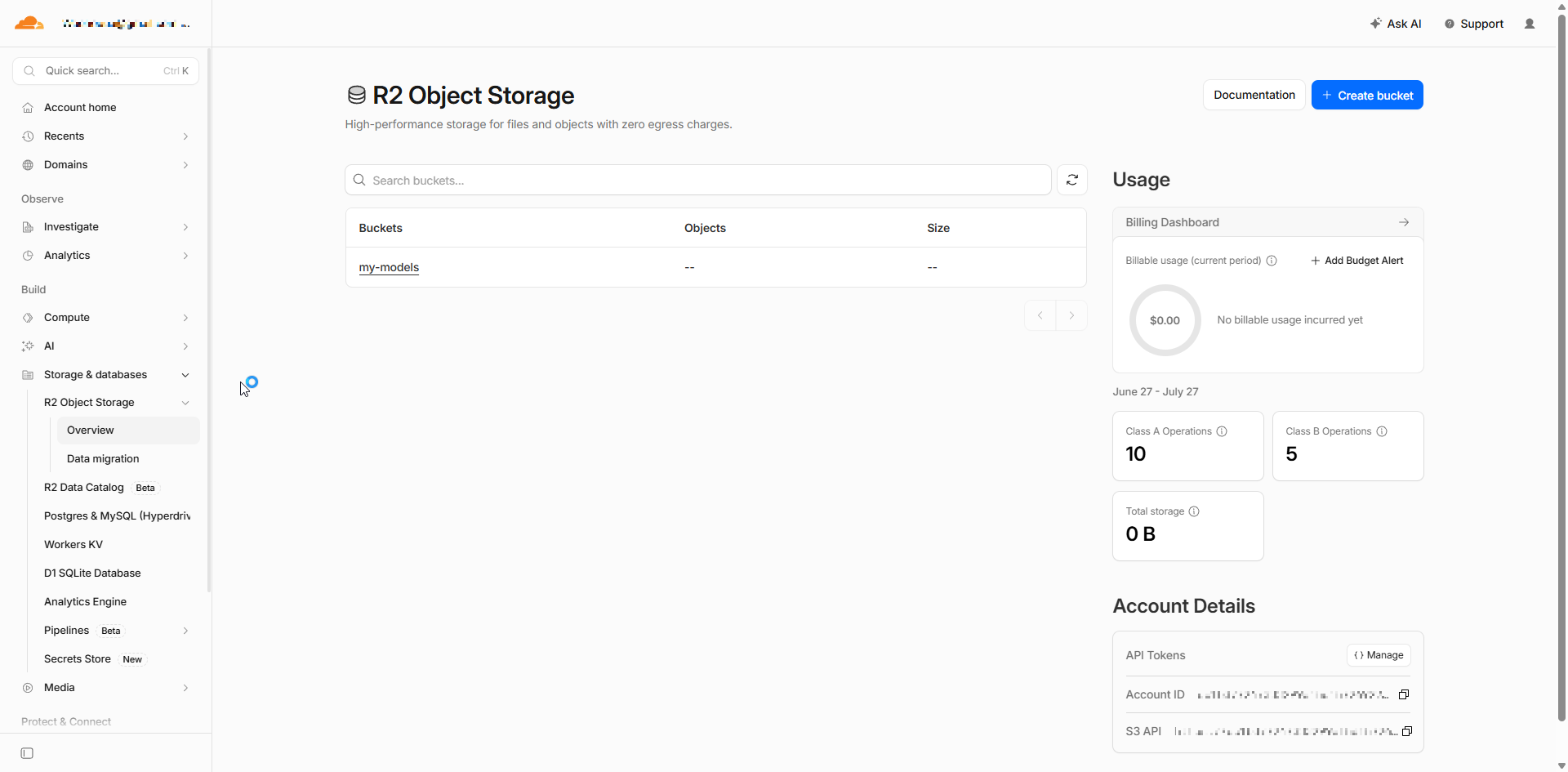 Create one R2 bucket for STLViewer uploads Cloudflare R2 Object Storage page showing the Create bucket button and a bucket named stlviewer-models