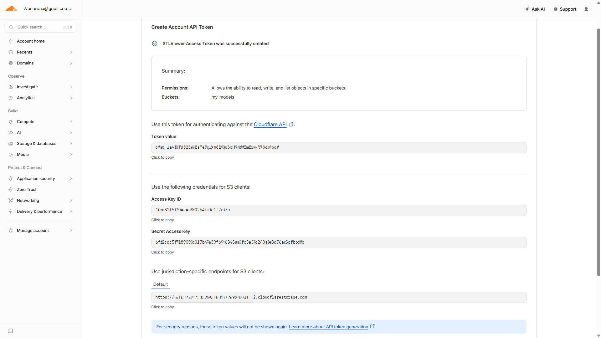 Copy the R2 token values into STLViewer Cloudflare R2 API token result screen showing the Access Key ID and Secret Access Key to copy