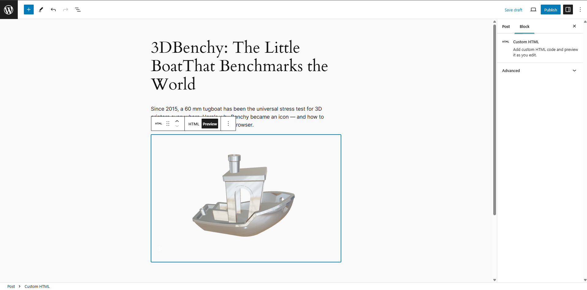 Placeholder — replace with a screenshot of the WordPress block editor showing a Custom HTML block containing the STLViewer iframe snippet